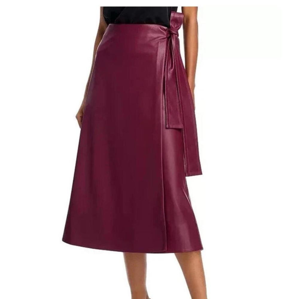 Toccin Burgundy Faux Leather Wrap Skirt, Size: XS